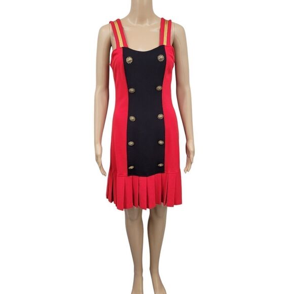 J Harris Vintage Red Black Drop Waist Dress Metal Lion Gold Buttons Pleated - Picture 1 of 13